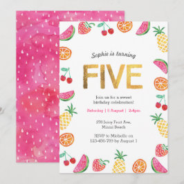 Tropisch fruitig Roze Goud 5e Verjaardag Uitnodigi Kaart