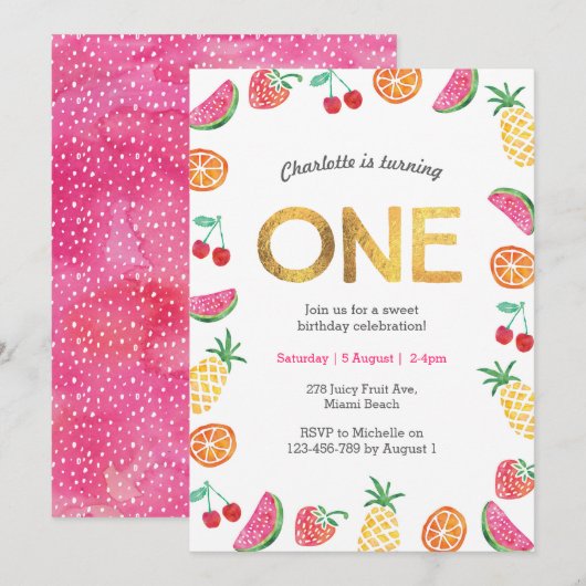 Tropisch fruitig Roze Gouden Verjaardag Uitnodigin Kaart (Voorkant / Achterkant)