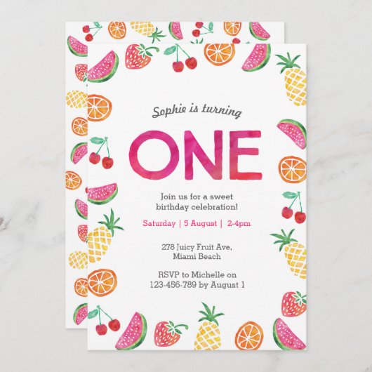 Tropisch fruitig Roze Verjaardag Uitnodiging (Voorkant / Achterkant)