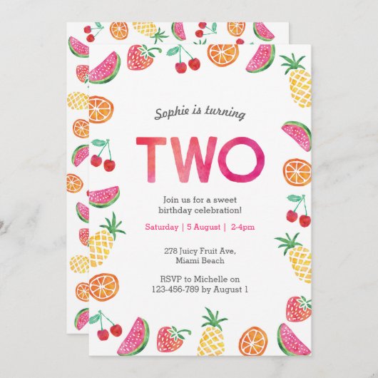 Tropisch fruitig Roze Verjaardag Uitnodiging (Voorkant / Achterkant)