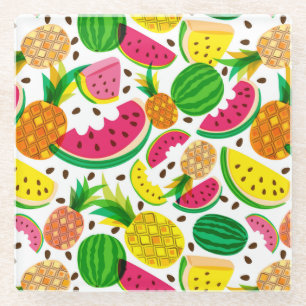 Tropisch fruitpatroon, rood en geel glazen onderzetter