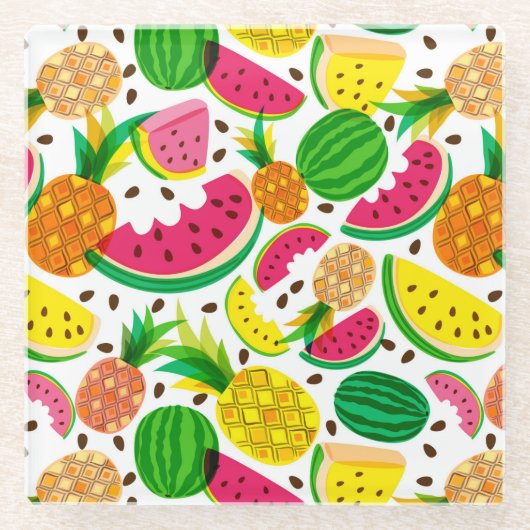 Tropisch fruitpatroon, rood en geel glazen onderzetter (Voorkant)