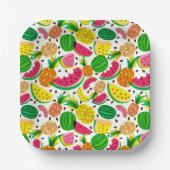 Tropisch fruitpatroon, rood en geel papieren bordje (Voorkant)