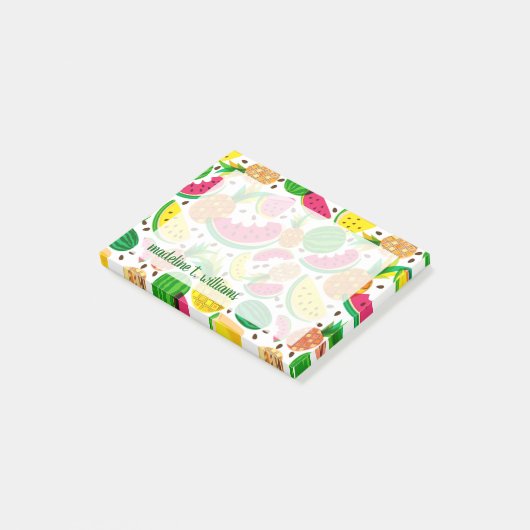 Tropisch fruitpatroon, rood en geel post-it® notes (Schuin)