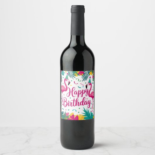 Tropisch Fun Flamingo Verjaardag Ontwerp Wijn Etiket (Voorkant)