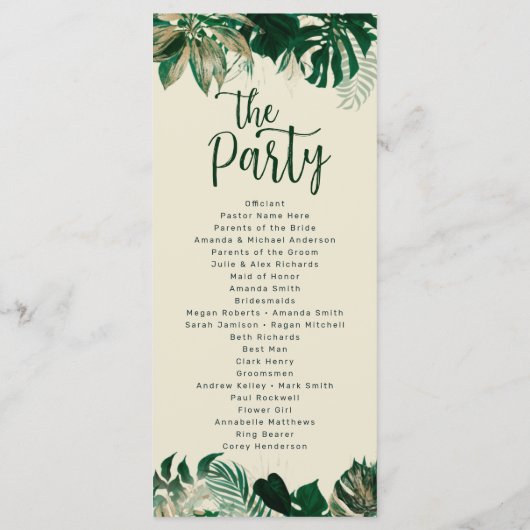 Tropisch gebladerte & bladeren chique huwelijkscer programmakaart (Achterkant)