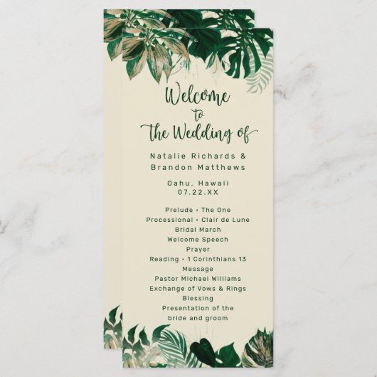 Tropisch gebladerte & bladeren chique huwelijkscer programmakaart (Voorkant / Achterkant)