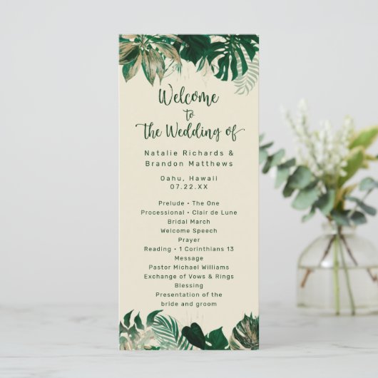 Tropisch gebladerte & bladeren chique huwelijkscer programmakaart (Staand voorkant)