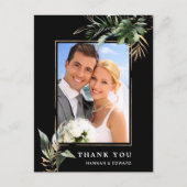 Tropisch gebladerte bruiloft foto zwart dank u briefkaart (Voorkant)