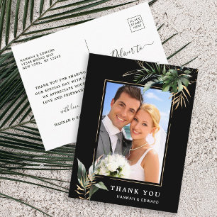 Tropisch gebladerte bruiloft foto zwart dank u briefkaart