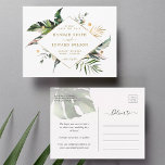 Tropisch gebladerte bruiloft goud opslaan van de d aankondigingskaart<br><div class="desc">Op deze bruiloft is de datum waarop het briefkaart wordt gehouden,  afgebeeld: waterverf palmbladeren,  bananenbladeren,  exotische tropische bladeren,  monstera en faux gouden bladeren met een faux gouden ruitvormig lijst. Het is perfect voor een tropische,  strandbruiloft,  zomer- of bestemmingsbruiloft.</div>