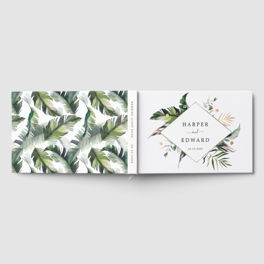 Tropisch gebladerte bruiloft groen & goud gastenboek (Volledig)