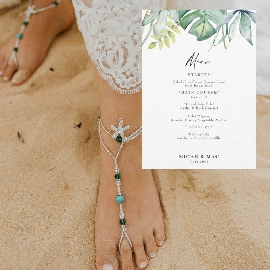 Tropisch gebladerte Bruiloft Receptie Menu Kaart