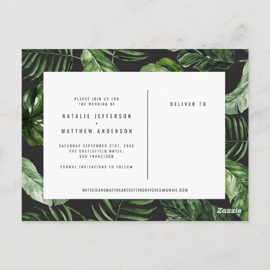 Tropisch gebladerte en handbelettering foto bruilo briefkaart (Achterkant)