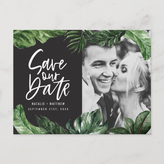 Tropisch gebladerte en handbelettering foto bruilo briefkaart (Voorkant)