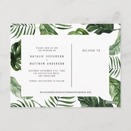 Tropisch gebladerte en handbelettering foto bruilo briefkaart (Achterkant)