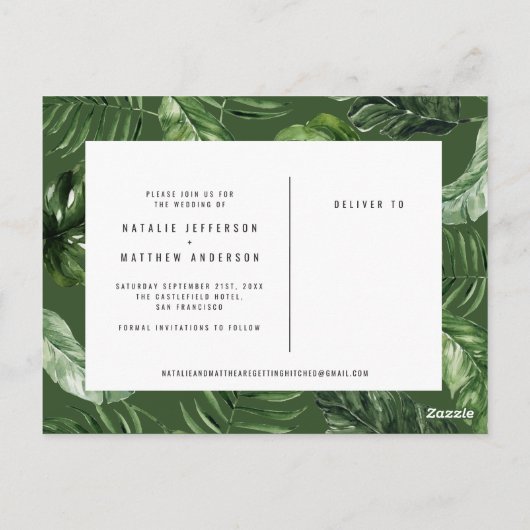 Tropisch gebladerte en handbelettering foto bruilo briefkaart (Achterkant)