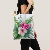 Tropisch gebladerte en hibiscus bloemen tote bag (Dichtbij)