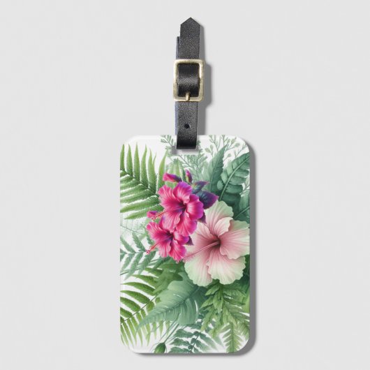 Tropisch gebladerte en hibiscusbloem bagagelabel (Voorkant (verticaal))