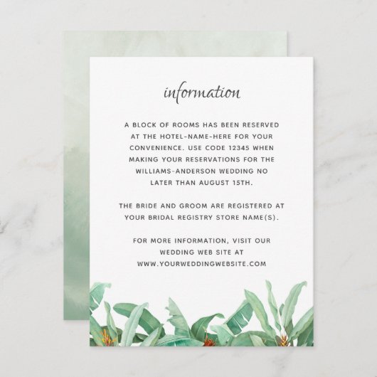 Tropisch gebladerte Floral bruiloft informatie Informatiekaartje (Voorkant / Achterkant)