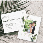 Tropisch gebladerte gouden bruiloft foto dank u briefkaart<br><div class="desc">Deze trouwfoto dank u briefkaart beschikt over waterverf groen tropisch gebladerte,  palmboombladeren,  bananenbladeren met faux gouden accenten. Perfect voor bruiloften,  jubilea,  verjaardagen,  afstuderen en andere evenementen. >>> Bekijk het hele collectie << https://www.zazzle.com/collections/tropical_foliage_gold_collection-119316977990783186</div>