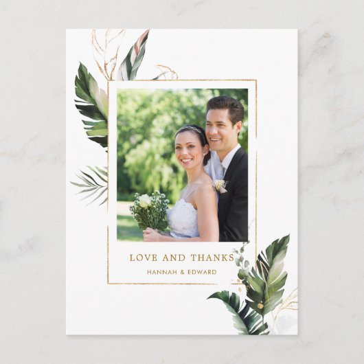 Tropisch gebladerte gouden bruiloft foto dank u briefkaart (Voorkant)