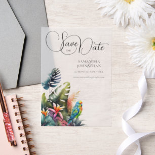 Tropisch gebladerte papegaai weelderig oerwoud blo vellum uitnodigingen