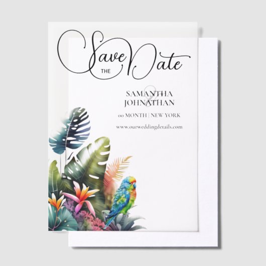 Tropisch gebladerte papegaai weelderig oerwoud blo vellum uitnodigingen (Offset)