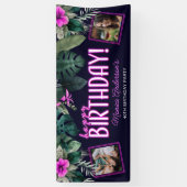 Tropisch gebladerte roze neon gelukkig verjaardag  spandoek (Verticaal)