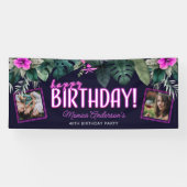 Tropisch gebladerte roze neon gelukkig verjaardag  spandoek (Horizontaal)