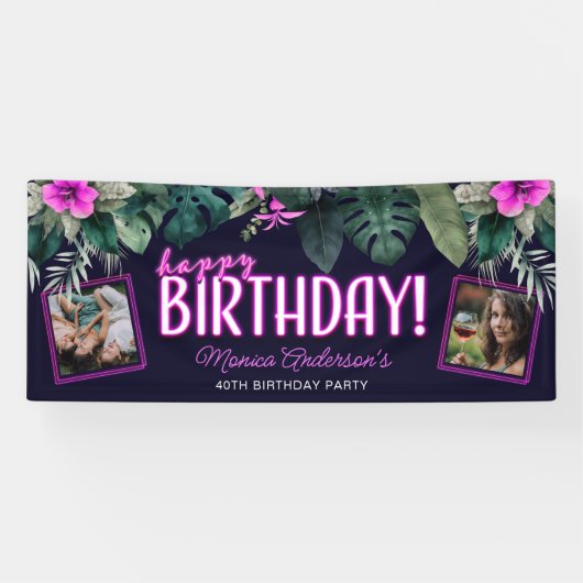 Tropisch gebladerte roze neon gelukkig verjaardag spandoek (Horizontaal)