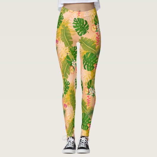 Tropisch gebladerte zomer Sinaasappel Leggings (Voorkant)