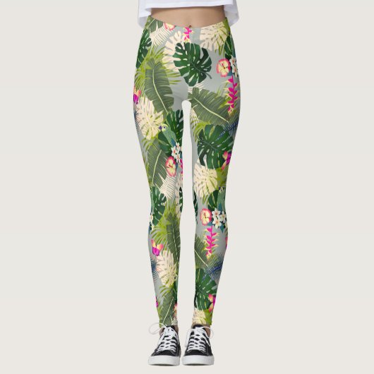 Tropisch gebladerte zomergrijs leggings (Voorkant)