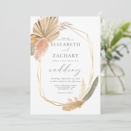 Tropisch gedroogd palm Gold Geometric Wedding Kaart