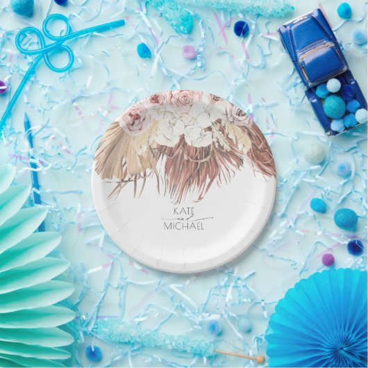 Tropisch gedroogd palmblad en witte orchidee bruil papieren bordje (Feest)