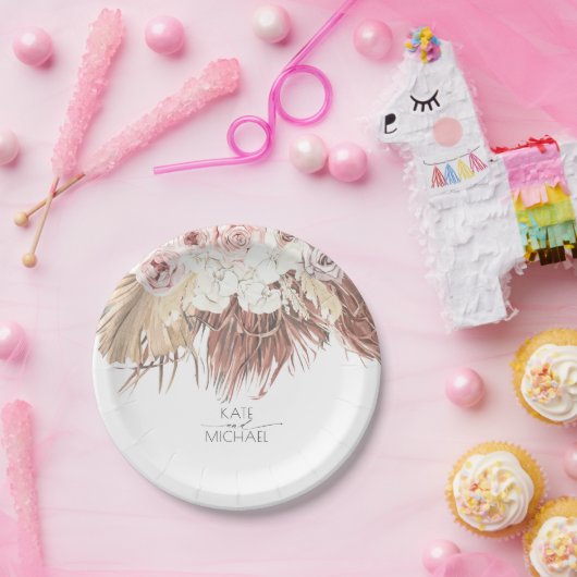 Tropisch gedroogd palmblad en witte orchidee bruil papieren bordje (Feest)