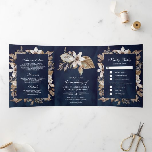 Tropisch gedroogd palmleder blauw marineverbod drieluik uitnodiging (Binnen)