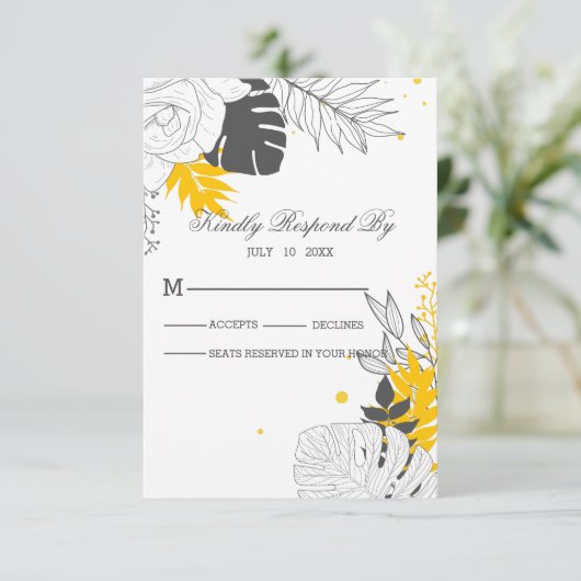 Tropisch geel en wit bladeren RSVP-kaart RSVP Kaartje (Staand voorkant)