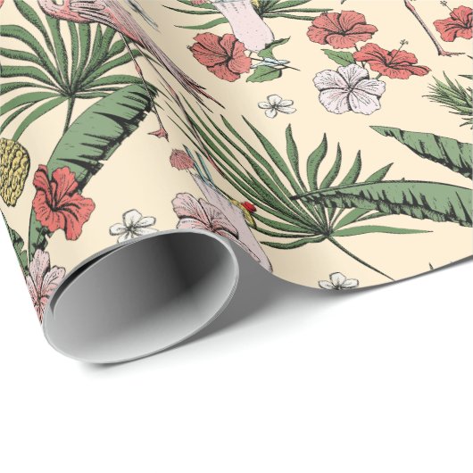 Tropisch geel flamingo bloemenpatroon cadeaupapier (Rol Hoek)