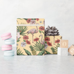 Tropisch Geel Flamingo Bloempatroon Cadeaupapier