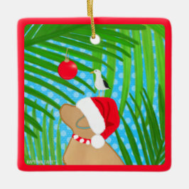 Tropisch Geel Lab Kerstman Hond Kerstversiering Keramisch Ornament