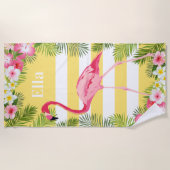 Tropisch Geel Roze Flamingo Floral Aangepaste Naam Strandlaken (Voorkant)