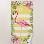 Tropisch Geel Roze Flamingo Floral Aangepaste Naam Strandlaken (Voorkant)