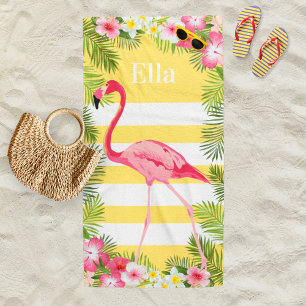 Tropisch Geel Roze Flamingo Floral Aangepaste Naam Strandlaken