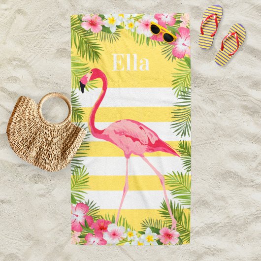 Tropisch Geel Roze Flamingo Floral Aangepaste Naam Strandlaken