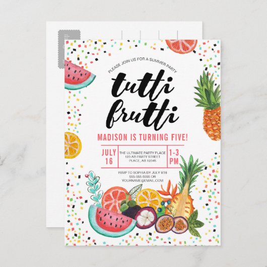 Tropisch gele meerkleurige Tutti Frutti-vruchten Uitnodiging Briefkaart (Voorkant / Achterkant)