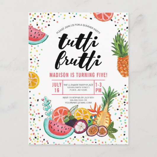 Tropisch gele meerkleurige Tutti Frutti-vruchten Uitnodiging Briefkaart (Voorkant)