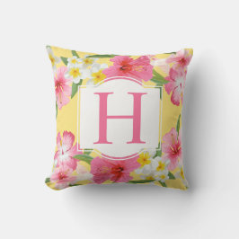 Tropisch gele roze bloemen Aangepast monogram Buitenkussen