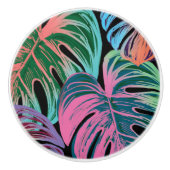Tropisch geschilderd monstera roze groen blauw zwa keramische knop (Voorkant)