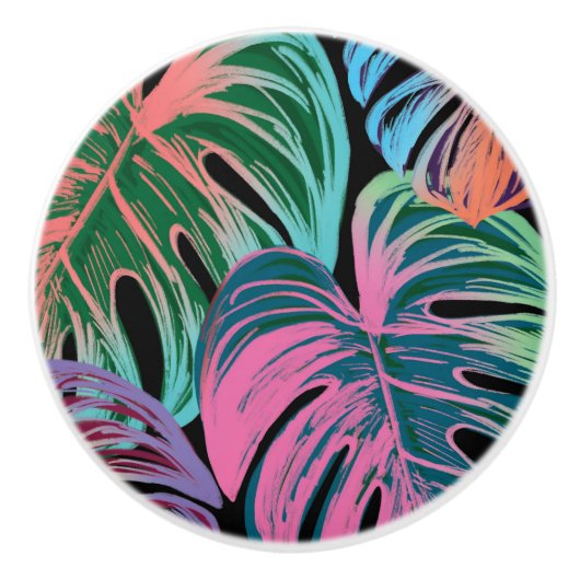 Tropisch geschilderd monstera roze groen blauw zwa keramische knop (Voorkant)